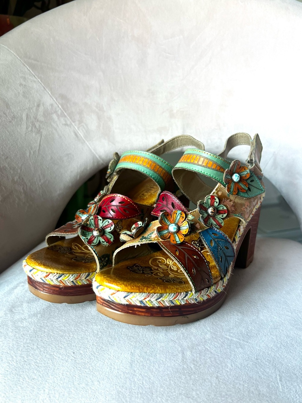 L’artiste Floral Leather Block Heel Sandals Size 41 - Boho Chic Platform - Picture 7 of 11